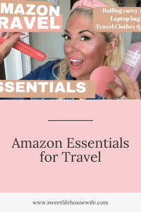 Girl holding travel toothbrush, and toiletries with text that reads Amazon travel Essentials, rolling bag, laptop, travel clothes