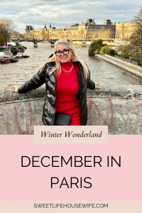 Girl on a bridge over the Seine River in Paris wearing a red dress and black puffer coat. Caption reads December in Paris