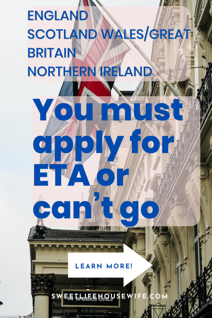 British flag on a building with text: "England, Scotland, Wales/Great Britain, Northern Ireland. You must apply for ETA or can’t go." Prompting travel notice.