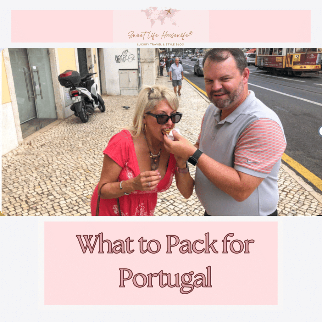 Maria on street in Belem, Lisbon in summer dress eating a pasteis de Belem