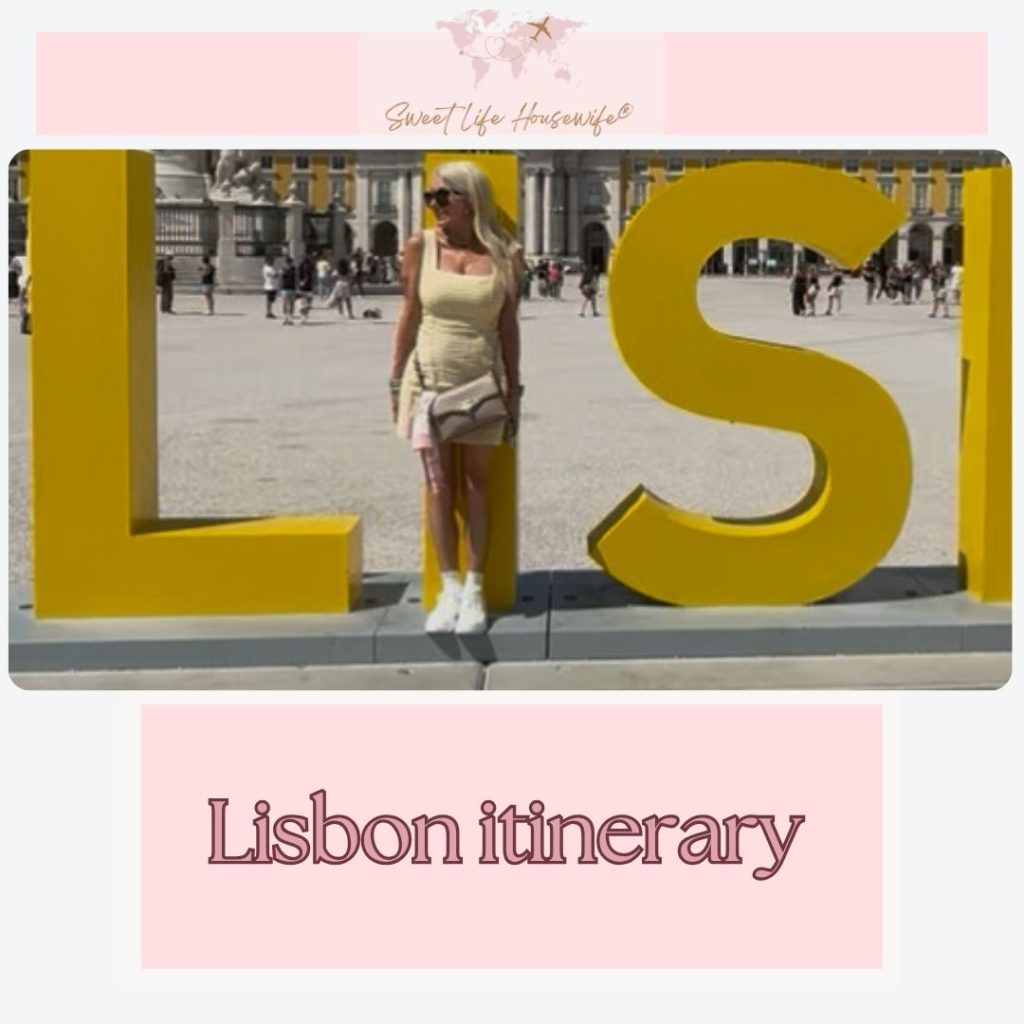 Maria Hill wearing a yellow gingham dress at the Lisbon sign in Portugal.