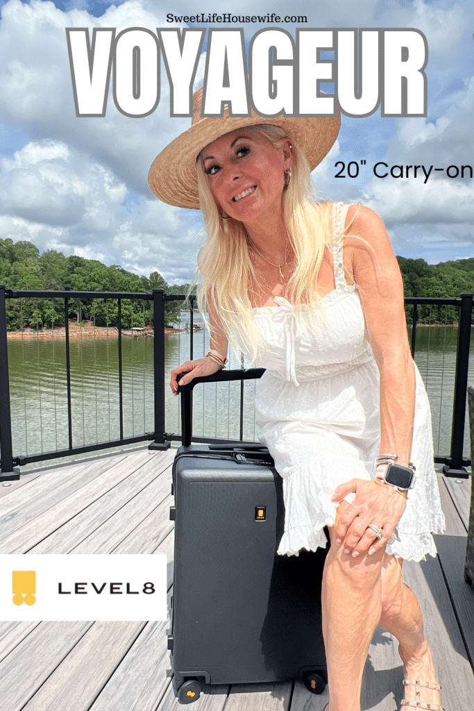 Text overlay reads Voyageur 20" Carry-On, and shows a deck with a lake view, and girl sitting on a black suitcase by Level8