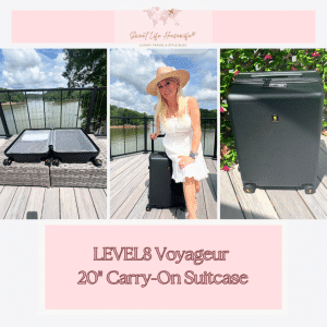 Pic 1 suitcase showing inside zipper compartments and both sides of inside, pic 2 - girl in white dress & hat sitting on black Level8 Voyageur carry-on suitcase, pic 3 - front picture of black suitcase with floral background wall on deck
