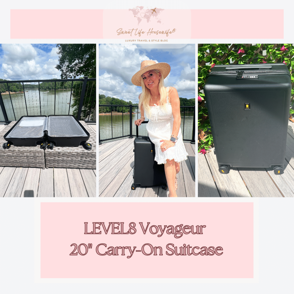 Pic 1 suitcase showing inside zipper compartments and both sides of inside, pic 2 - girl in white dress & hat sitting on black Level8 Voyageur carry-on suitcase, pic 3 - front picture of black suitcase with floral background wall on deck