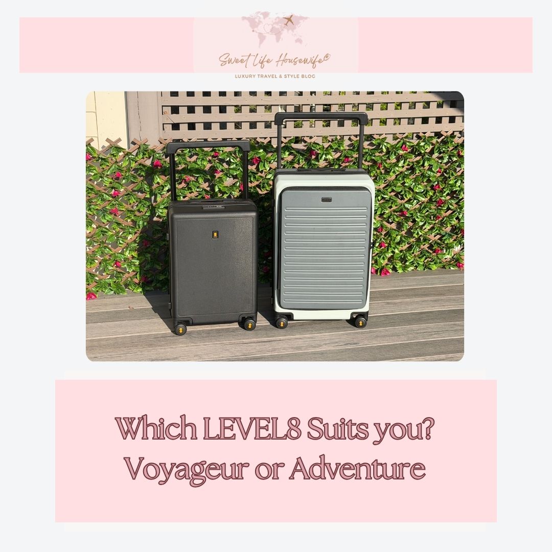 A black carry-on suitcase with Level8 yellow logo and a Celadon 2 tone checked suitcase with LEVEL8 spelled out instead of the yellow logo with the wheels